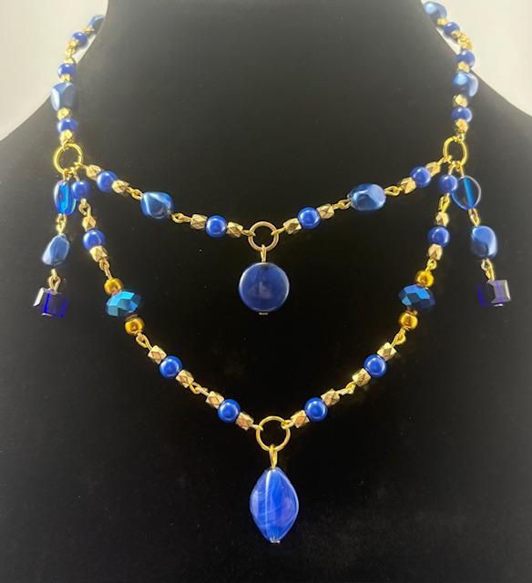 Blue and Gold Layered Chandelier Necklace