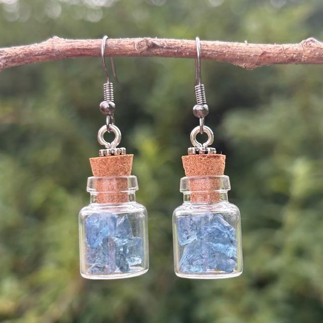 Dark Blue Crushed Glass Potion Bottle Earrings