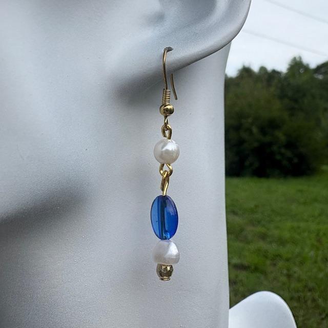 Dark Blue and Pearl Stacked Beaded Earrings