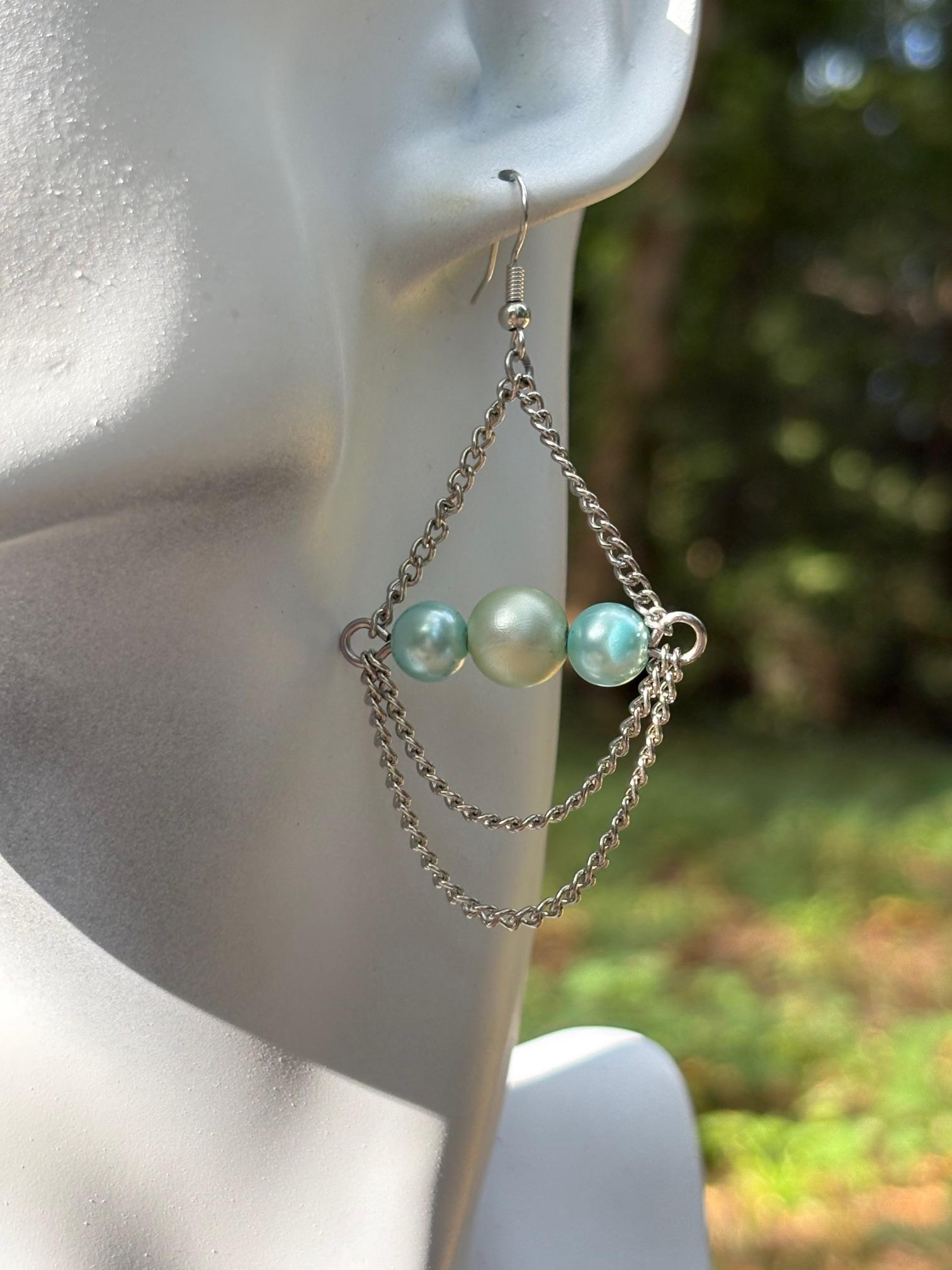 Light Blue Pearl and Chain Trapeze Earrings