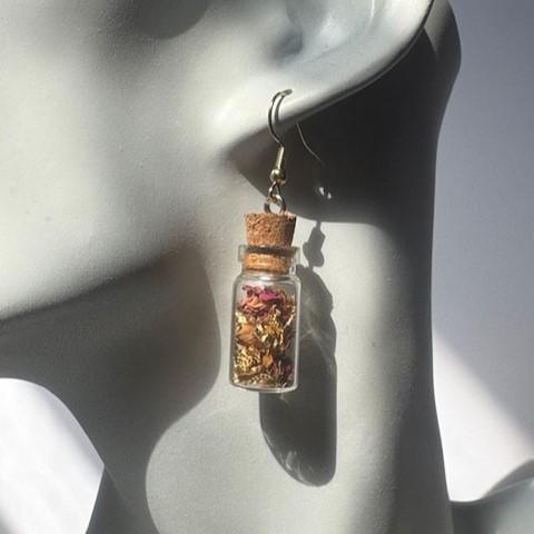 Rose Petals and Gold Leaf Potion Bottle Earrings