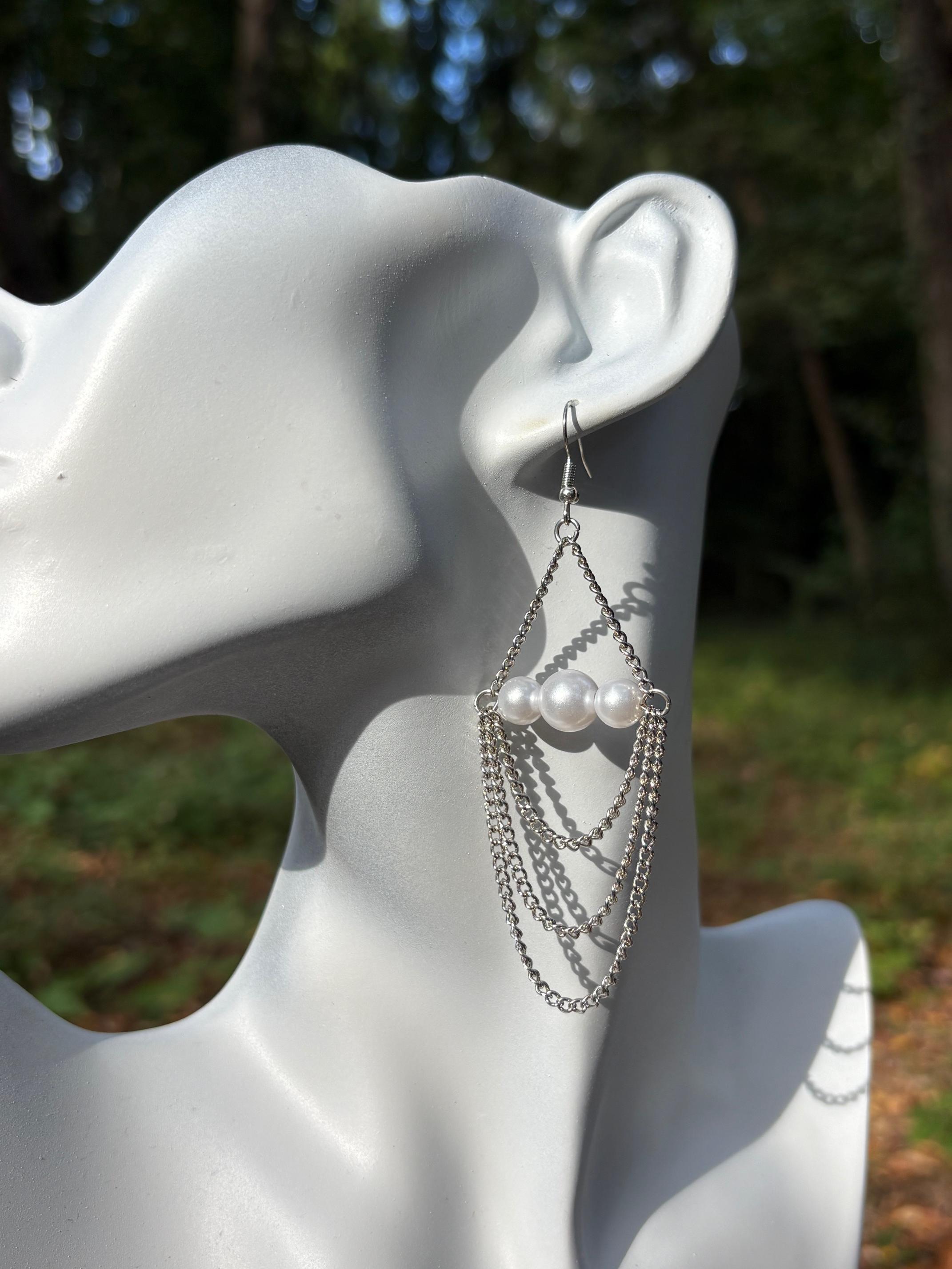 White Pearl and Chain Trapeze Earrings — view 1